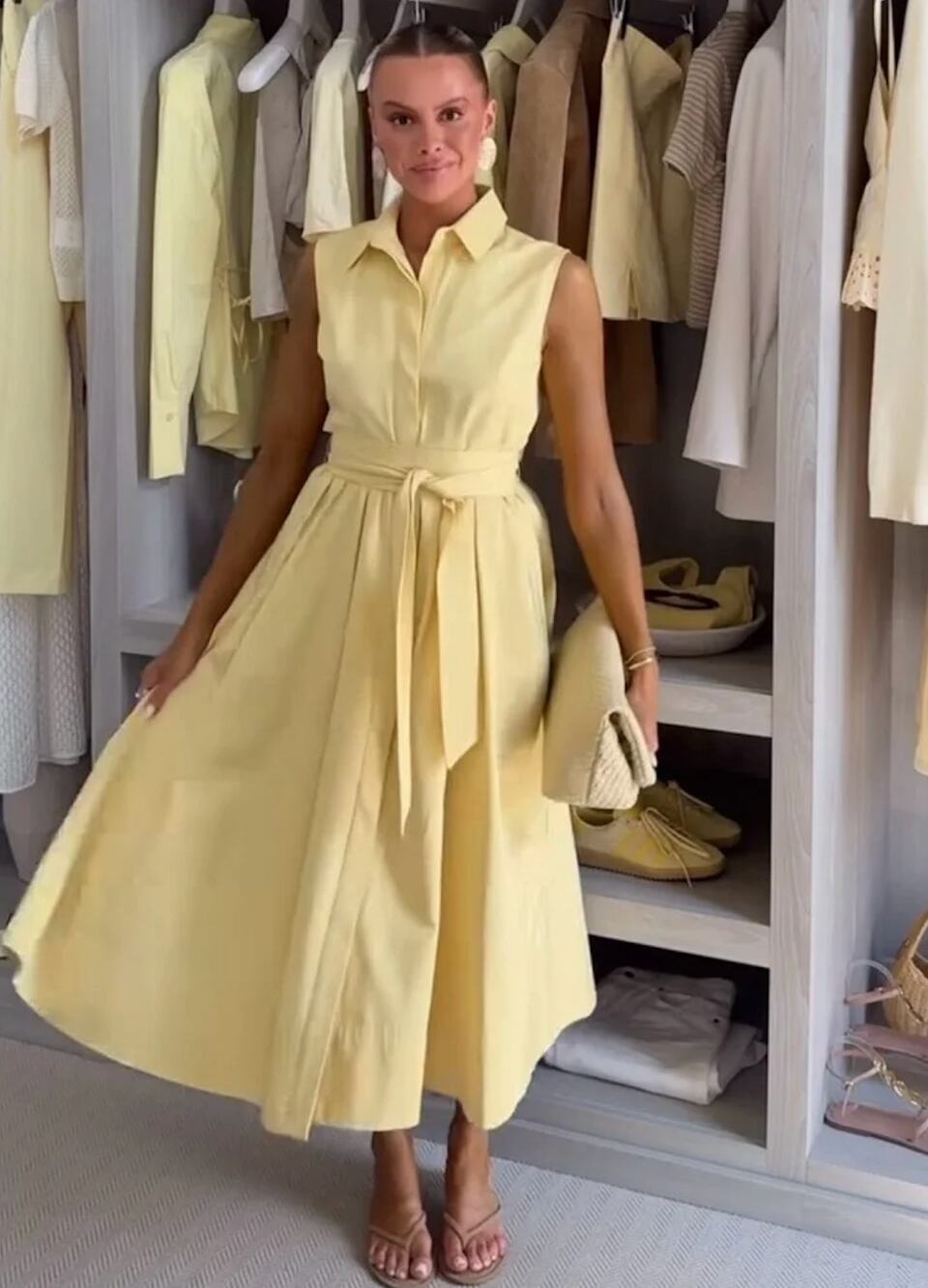 NWT Zara ZW Collection Belted Shirt Dress Yellow Size S